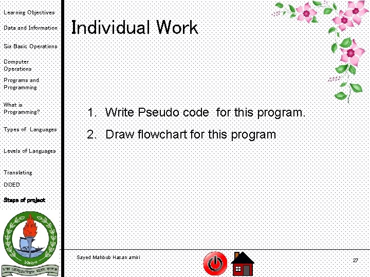 Learning Objectives Data and Information Individual Work Six Basic Operations Computer Operations Programs and
