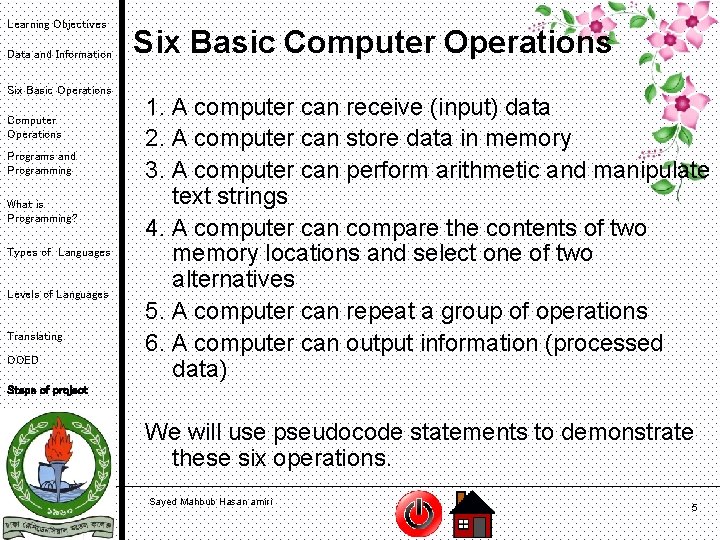 Learning Objectives Data and Information Six Basic Operations Computer Operations Programs and Programming What
