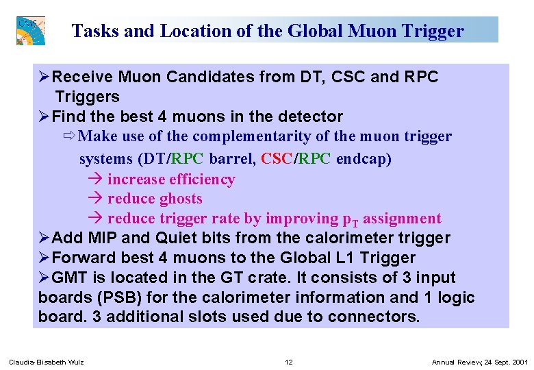 Tasks and Location of the Global Muon Trigger ØReceive Muon Candidates from DT, CSC