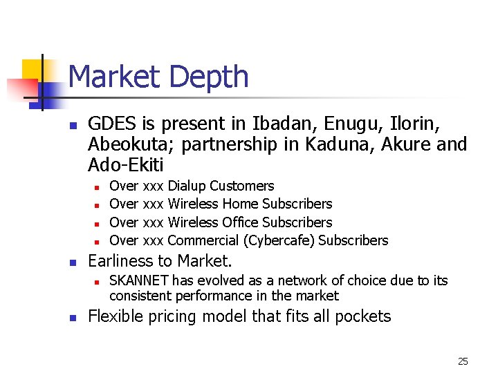 Market Depth n GDES is present in Ibadan, Enugu, Ilorin, Abeokuta; partnership in Kaduna,