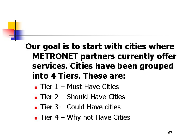 Our goal is to start with cities where METRONET partners currently offer services. Cities