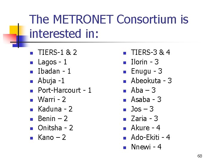 The METRONET Consortium is interested in: n n n n n TIERS-1 & 2