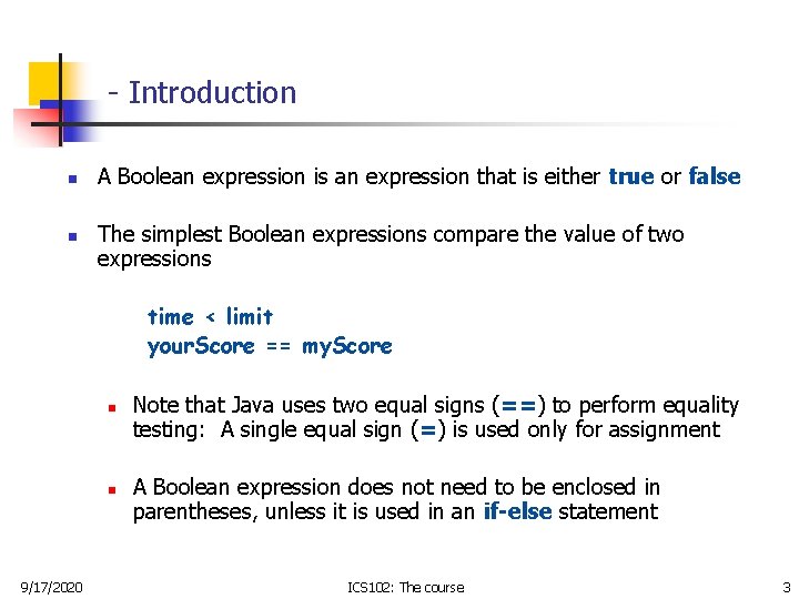 - Introduction n n A Boolean expression is an expression that is either true