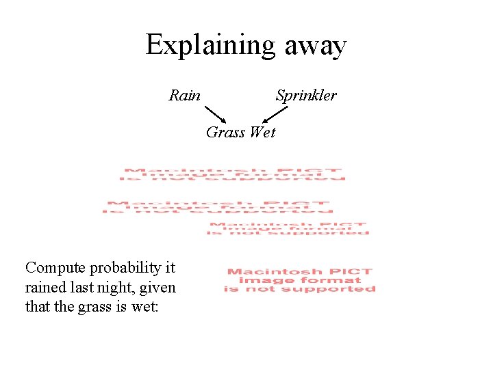 Explaining away Rain Sprinkler Grass Wet Compute probability it rained last night, given that