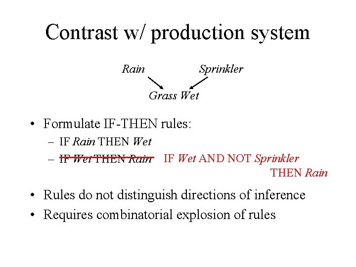 Contrast w/ production system Rain Sprinkler Grass Wet • Formulate IF-THEN rules: – IF