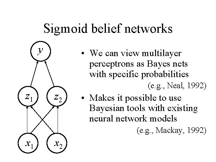 Sigmoid belief networks y z 1 • We can view multilayer perceptrons as Bayes