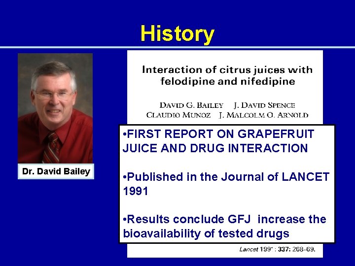History • FIRST REPORT ON GRAPEFRUIT JUICE AND DRUG INTERACTION Dr. David Bailey •