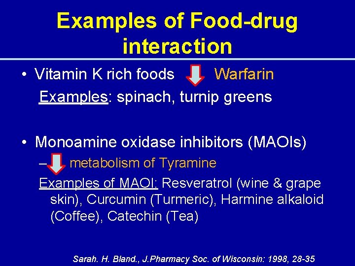 Examples of Food-drug interaction • Vitamin K rich foods Warfarin Examples: spinach, turnip greens