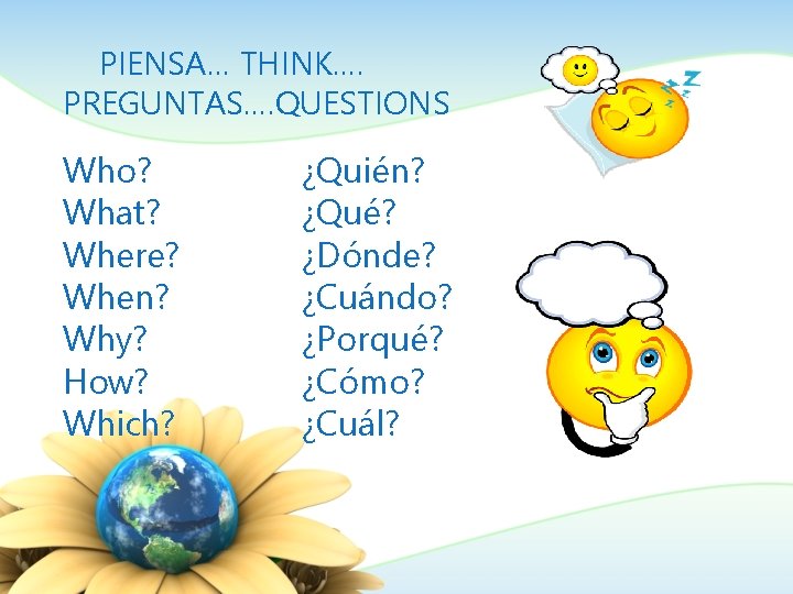 PIENSA… THINK…. PREGUNTAS…. QUESTIONS Who? What? Where? When? Why? How? Which? ¿Quién? ¿Qué? ¿Dónde?