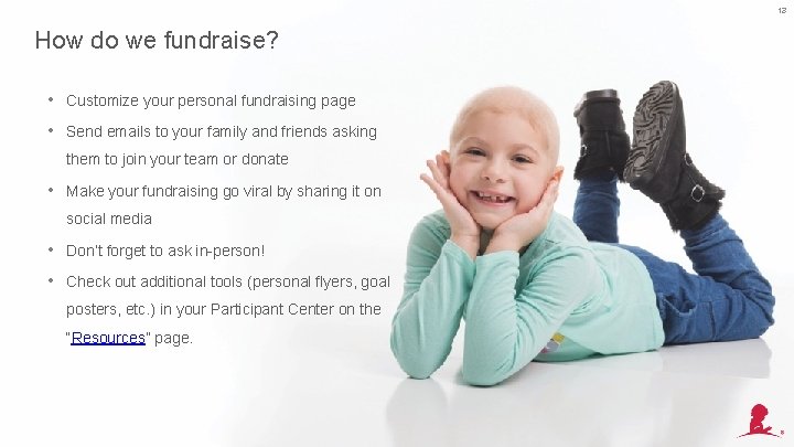 13 How do we fundraise? • Customize your personal fundraising page • Send emails