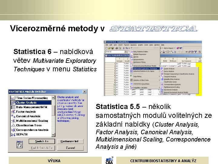 Vícerozměrné metody v Statistica 6 – nabídková větev Multivariate Exploratory Techniques v menu Vícerozměrné metody v Statistica 6 – nabídková větev Multivariate Exploratory Techniques v menu