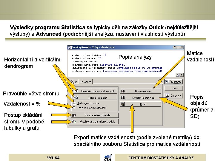 Výsledky programu Statistica se typicky dělí na záložky Quick (nejdůležitější výstupy) a Advanced (podrobnější Výsledky programu Statistica se typicky dělí na záložky Quick (nejdůležitější výstupy) a Advanced (podrobnější