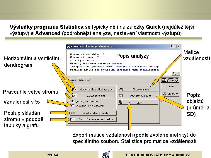 Výsledky programu Statistica se typicky dělí na záložky Quick (nejdůležitější výstupy) a Advanced (podrobnější