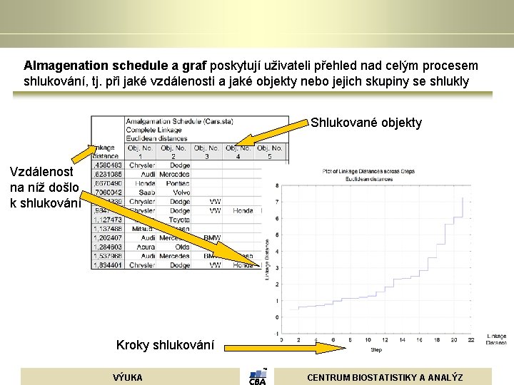 Almagenation schedule a graf poskytují uživateli přehled nad celým procesem shlukování, tj. při jaké