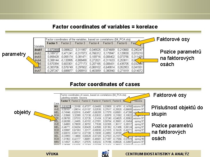 Factor coordinates of variables = korelace Faktorové osy Pozice parametrů na faktorových osách parametry