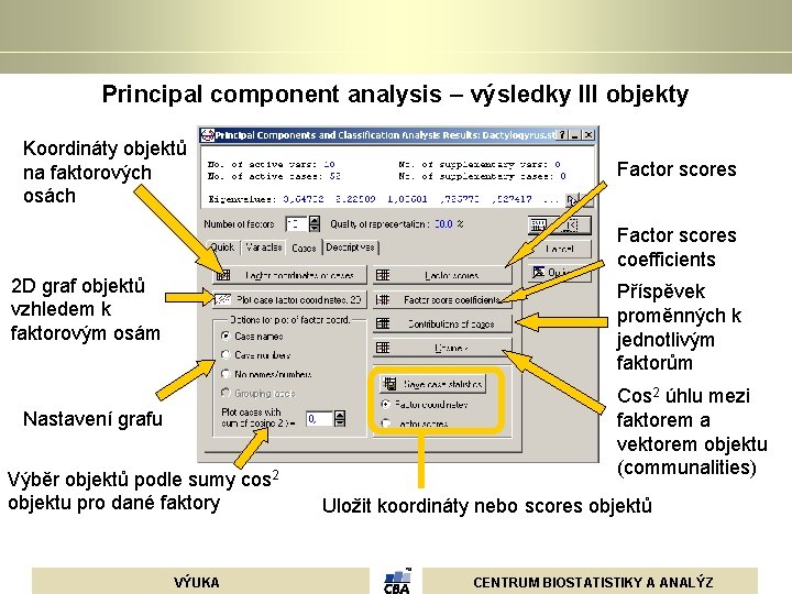 Principal component analysis – výsledky III objekty Koordináty objektů na faktorových osách Factor scores