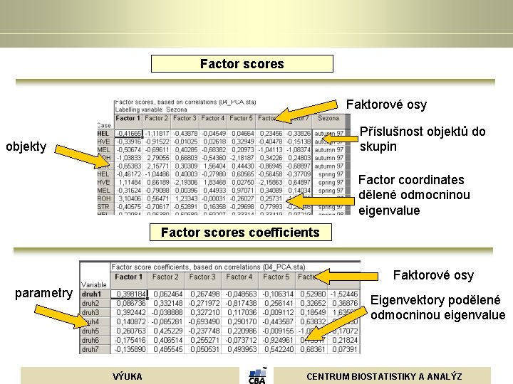 Factor scores Faktorové osy Příslušnost objektů do skupin objekty Factor coordinates dělené odmocninou eigenvalue