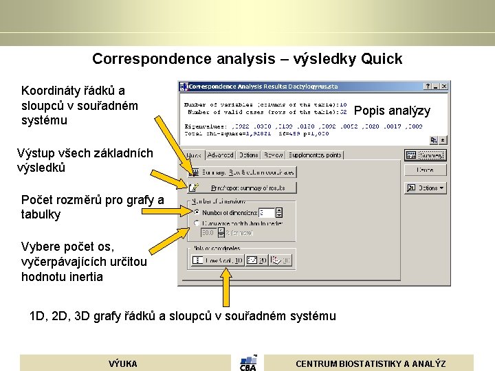 Correspondence analysis – výsledky Quick Koordináty řádků a sloupců v souřadném systému Popis analýzy