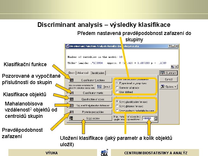 Discriminant analysis – výsledky klasifikace Předem nastavená pravděpodobnost zařazení do skupiny Klasifikační funkce Pozorované Discriminant analysis – výsledky klasifikace Předem nastavená pravděpodobnost zařazení do skupiny Klasifikační funkce Pozorované