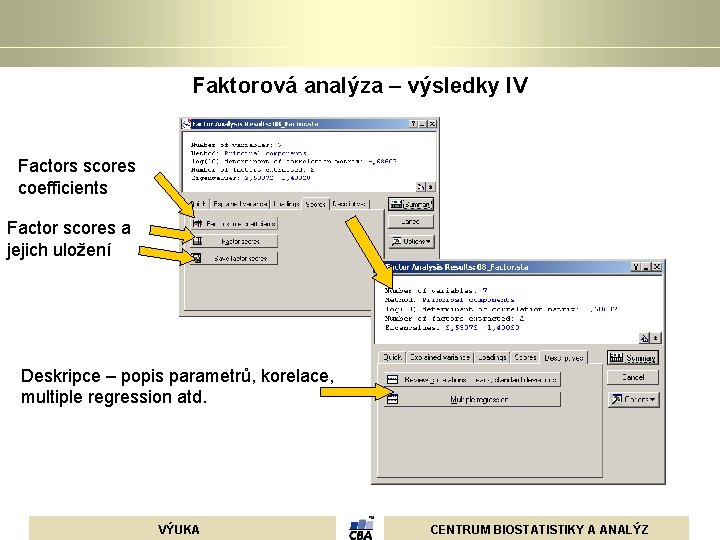 Faktorová analýza – výsledky IV Factors scores coefficients Factor scores a jejich uložení Deskripce