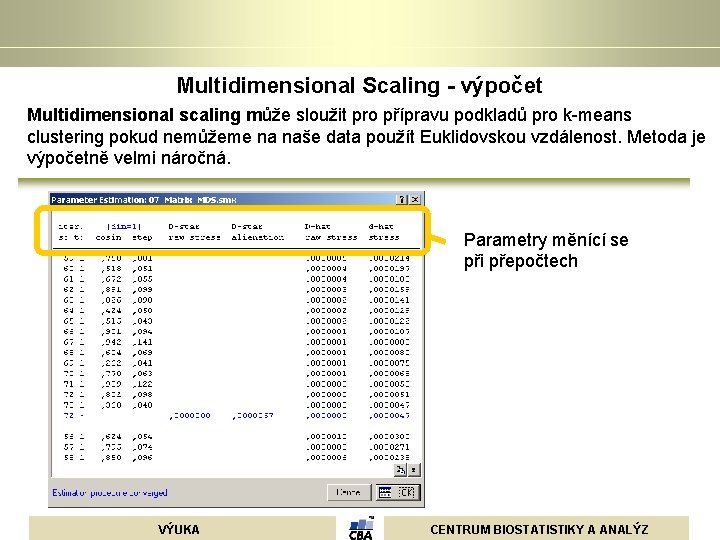 Multidimensional Scaling - výpočet Multidimensional scaling může sloužit pro přípravu podkladů pro k-means clustering