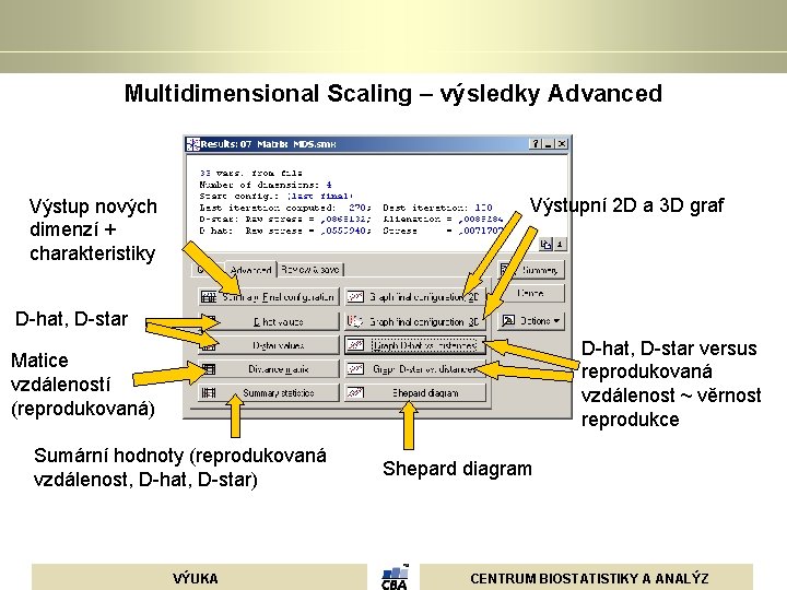 Multidimensional Scaling – výsledky Advanced Výstupní 2 D a 3 D graf Výstup nových