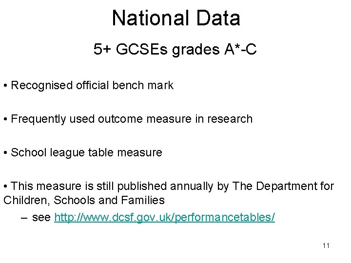 National Data 5+ GCSEs grades A*-C • Recognised official bench mark • Frequently used National Data 5+ GCSEs grades A*-C • Recognised official bench mark • Frequently used