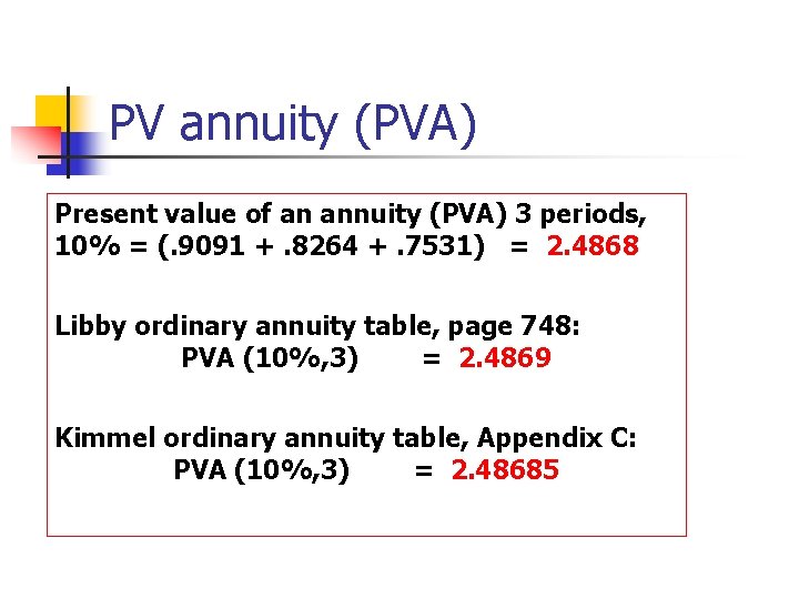 PV annuity (PVA) Present value of an annuity (PVA) 3 periods, 10% = (.