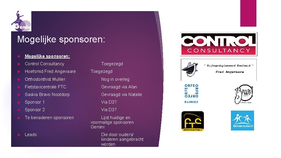 Mogelijke sponsoren: Control Consultancy Hoefsmid Fred Angevaare Orthodonthist Mullier Nog in overleg Fietstaxicentrale FTC