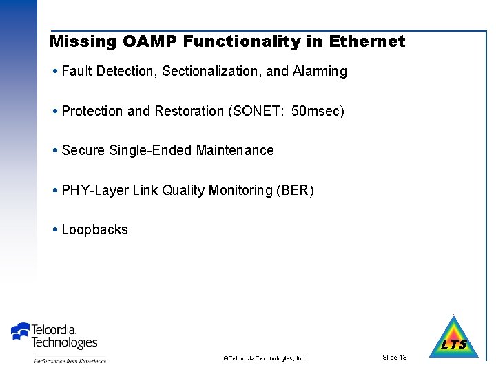 Missing OAMP Functionality in Ethernet Fault Detection, Sectionalization, and Alarming Protection and Restoration (SONET: