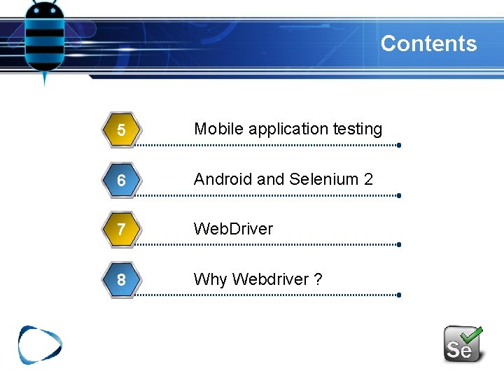 Contents 5 Mobile application testing 6 Android and Selenium 2 7 Web. Driver 8 Contents 5 Mobile application testing 6 Android and Selenium 2 7 Web. Driver 8