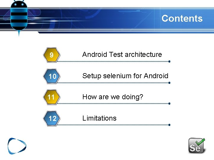 Contents 9 Android Test architecture 10 Setup selenium for Android 11 How are we