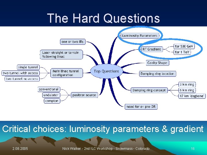 The Hard Questions Critical choices: luminosity parameters & gradient 2. 08. 2005 Nick Walker