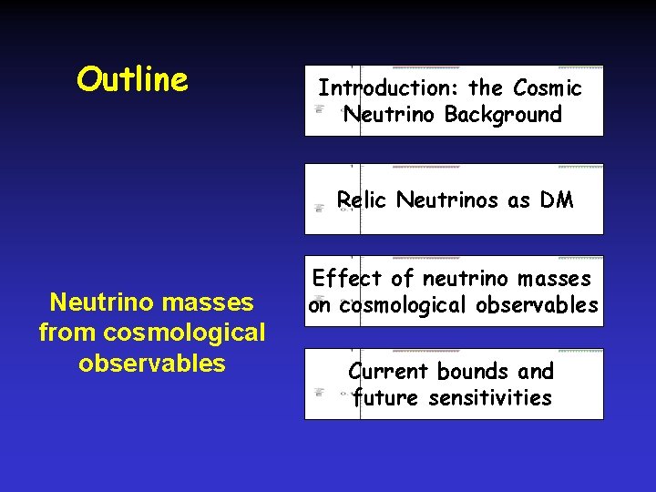Outline Introduction: the Cosmic Neutrino Background Relic Neutrinos as DM Neutrino masses from cosmological