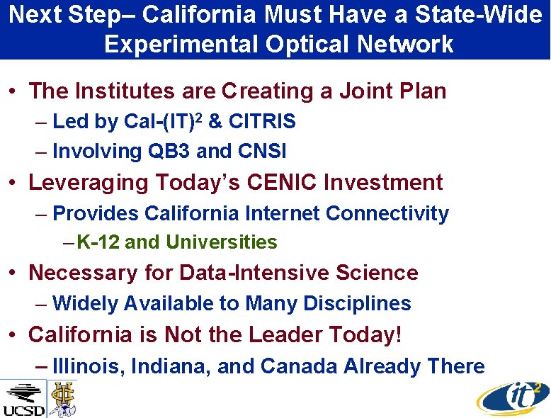 Next Step– California Must Have a State-Wide Experimental Optical Network • The Institutes are