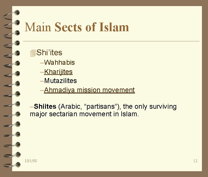 Main Sects of Islam 4 Shi’ites –Wahhabis –Kharijites –Mutazilites –Ahmadiya mission movement –Shiites (Arabic,