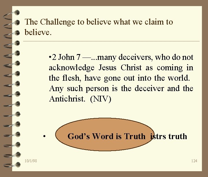 The Challenge to believe what we claim to believe. • 2 John 7 —.