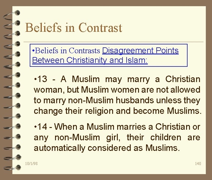 Beliefs in Contrast • Beliefs in Contrasts Disagreement Points Between Christianity and Islam: •