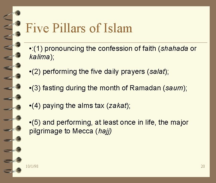 Five Pillars of Islam • : (1) pronouncing the confession of faith (shahada or
