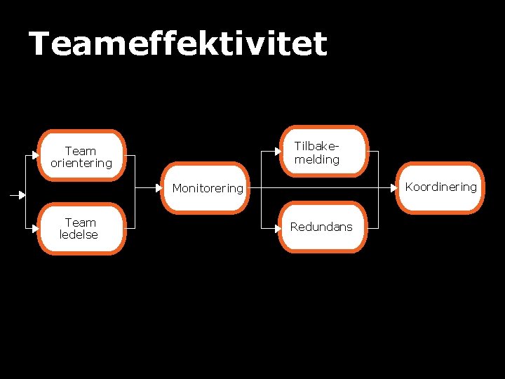 Teameffektivitet Tilbakemelding Team orientering Koordinering Monitorering Team ledelse Redundans 