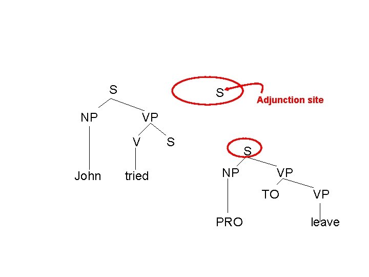 S S NP VP V John Adjunction site tried S S NP VP TO