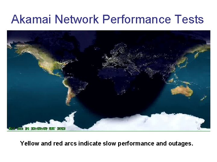 Akamai Network Performance Tests Yellow and red arcs indicate slow performance and outages. 