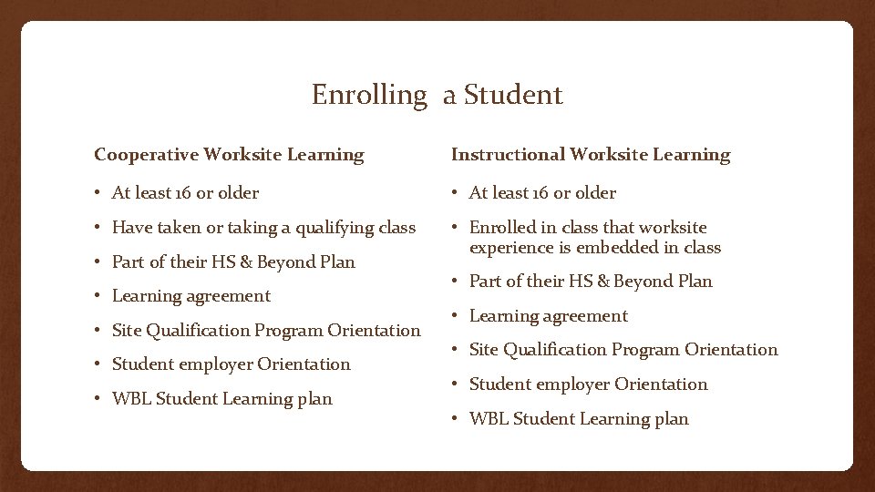 Enrolling a Student Cooperative Worksite Learning Instructional Worksite Learning • At least 16 or