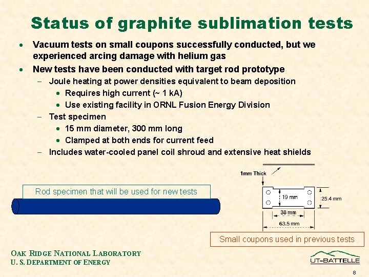 Status of graphite sublimation tests · · Vacuum tests on small coupons successfully conducted,