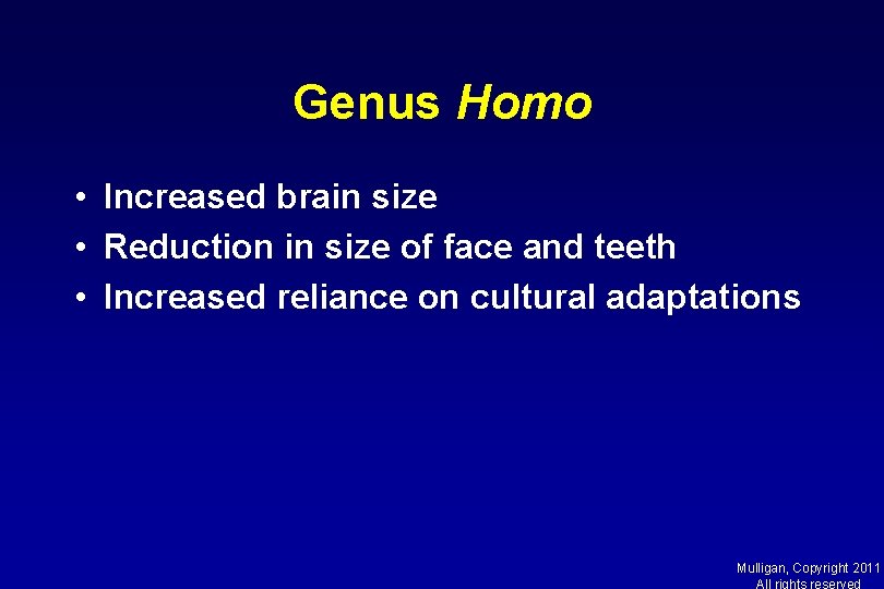 Genus Homo • Increased brain size • Reduction in size of face and teeth