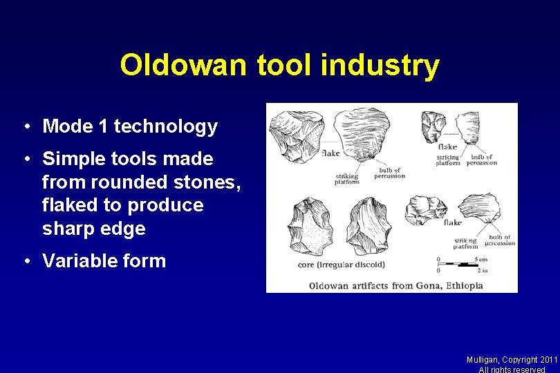 Oldowan tool industry • Mode 1 technology • Simple tools made from rounded stones,