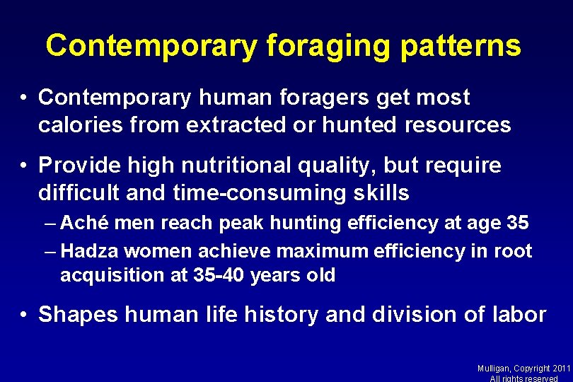 Contemporary foraging patterns • Contemporary human foragers get most calories from extracted or hunted