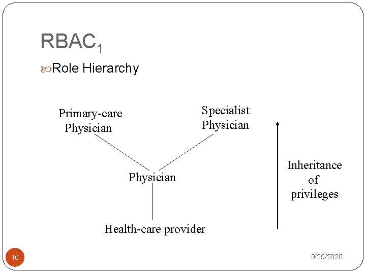 RBAC 1 Role Hierarchy Specialist Physician Primary-care Physician Inheritance of privileges Health-care provider 16