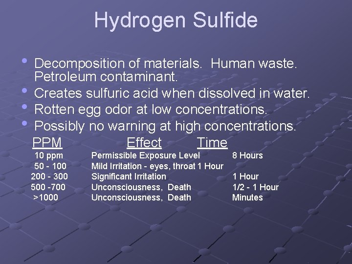 Hydrogen Sulfide • Decomposition of materials. Human waste. Petroleum contaminant. • Creates sulfuric acid