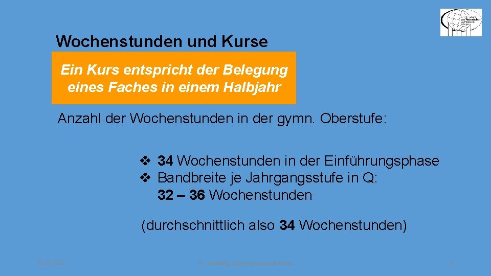 Wochenstunden und Kurse Ein Kurs entspricht der Belegung eines Faches in einem Halbjahr Anzahl